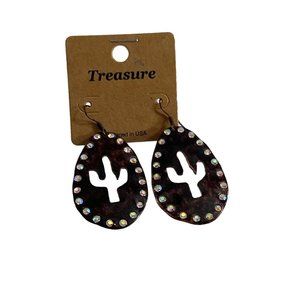 Treasure Metal Earrings Cactus Rhinestones Oval Shape 2.5" Long Southwestern New